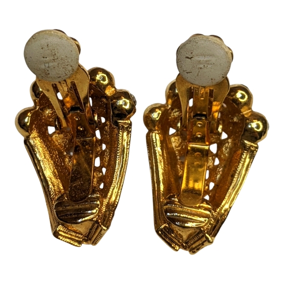 Vintage Designer Clip On Earrings Golden Tone Diomand Accent Beautiful ❤️ - Picture 5 of 12